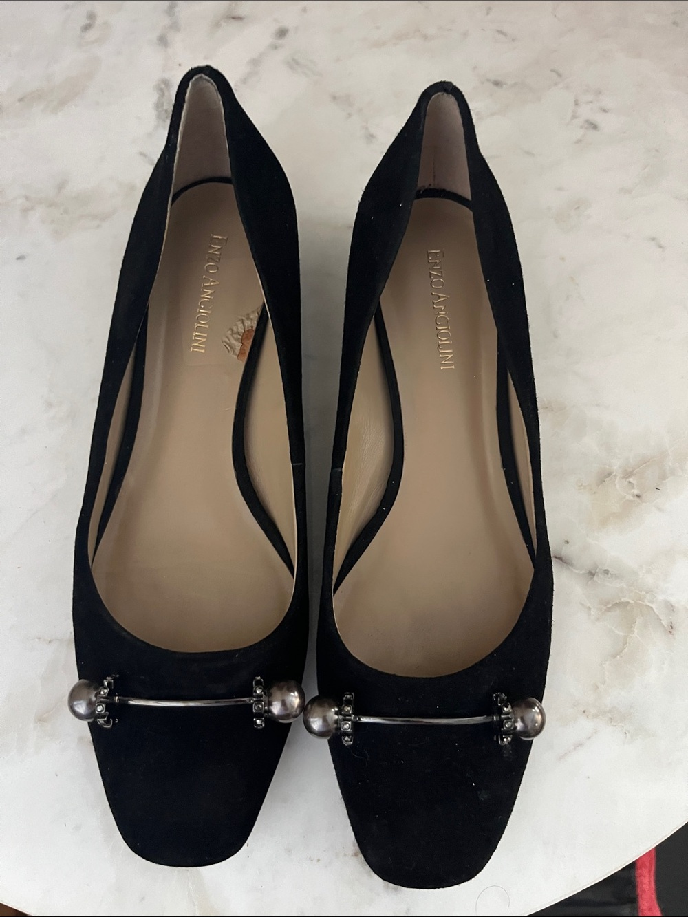 Enzo Angiolini Black Suede Square-Toe Flats with Pearl/Silver Bar Detail